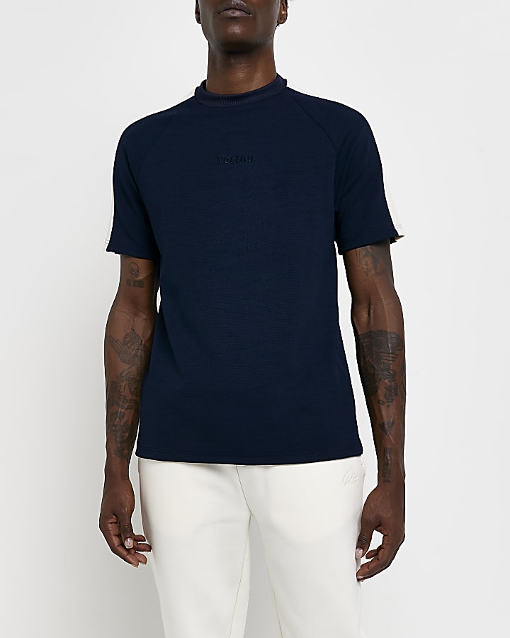 Navy Slim fit textured side stripe T-shirt