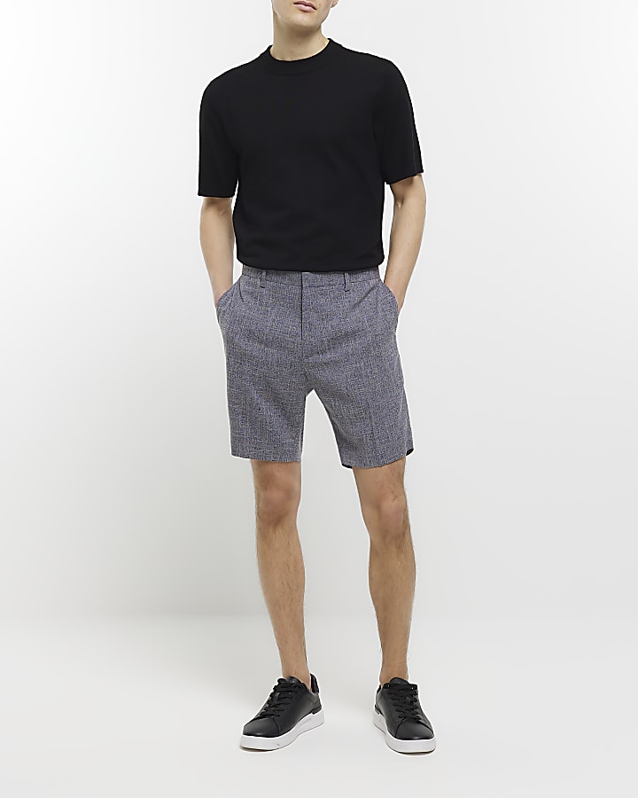 Navy slim fit textured smart shorts