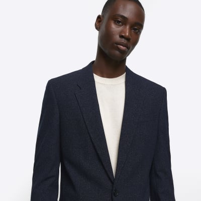 Navy slim fit textured suit jacket