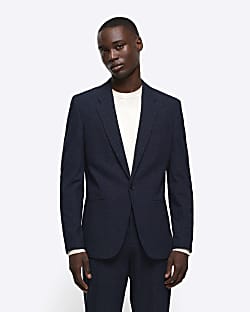 Navy slim fit textured suit jacket