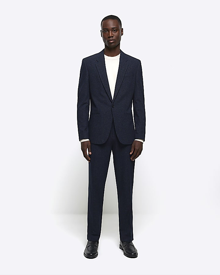 Navy slim fit textured suit trousers