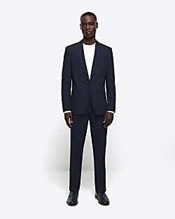 Navy slim fit textured suit trousers