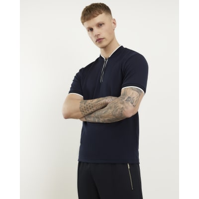 Navy Slim Fit Textured Tipped Baseball Top
