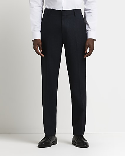 Navy slim fit textured trousers