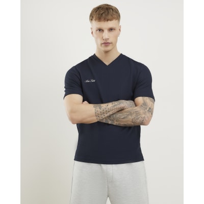 Navy Slim Fit Textured V Neck T-Shirt