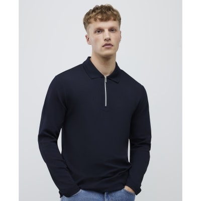 Navy Slim Fit Textured Zip Neck Polo Shirt