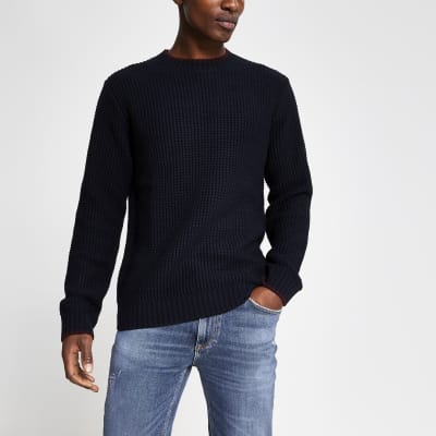 Navy slim fit tipped knitted jumper | River Island