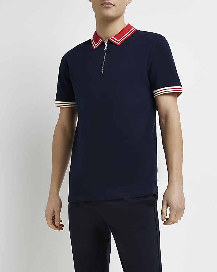 Navy slim fit tipped pique polo shirt