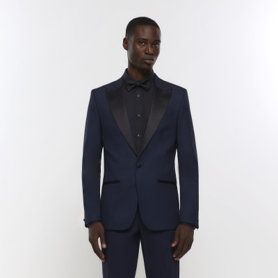 Navy slim fit tuxedo suit jacket | River Island