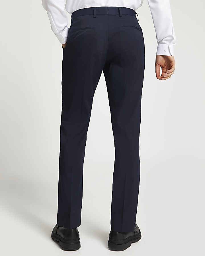 Navy slim fit twill suit trousers