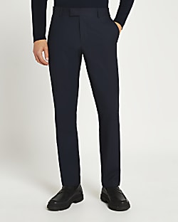 Navy slim fit twill suit trousers