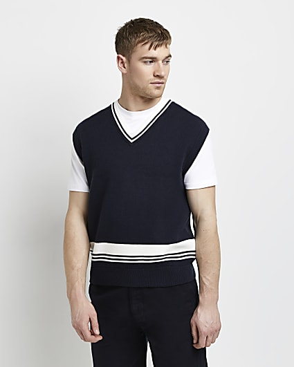 Navy slim fit v neck varsity knitted vest
