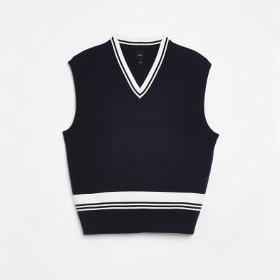 Navy slim fit varsity knit sleeveless jumper