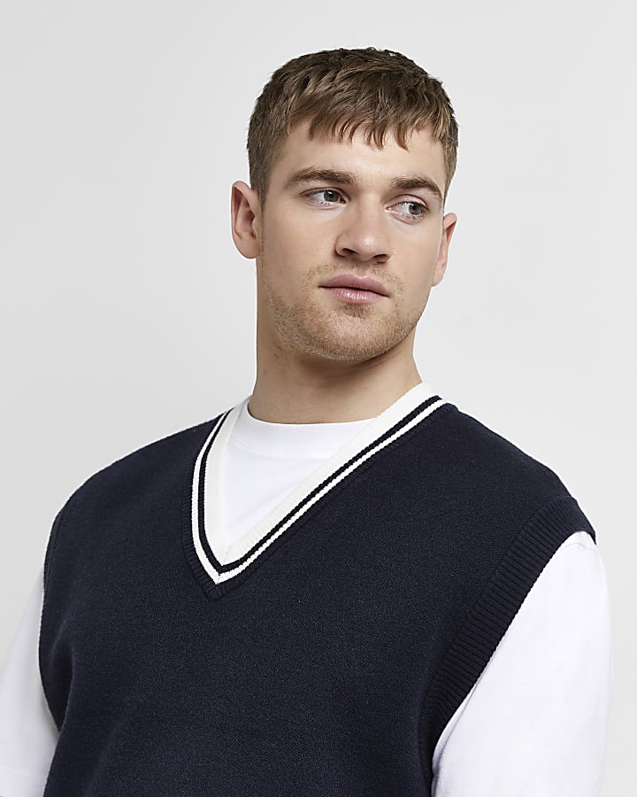 Navy slim fit varsity knit sleeveless jumper