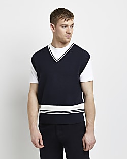 Navy slim fit varsity knit sleeveless jumper