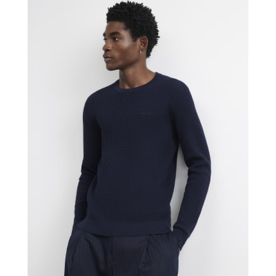 Navy Slim Fit Waffle Jumper