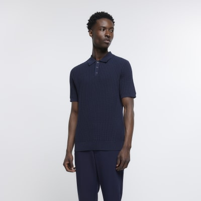 Navy slim fit waffle knit polo shirt