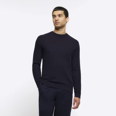 Navy slim fit waffle texture jumper | River Island