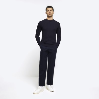 Navy slim fit waffle texture jumper | River Island