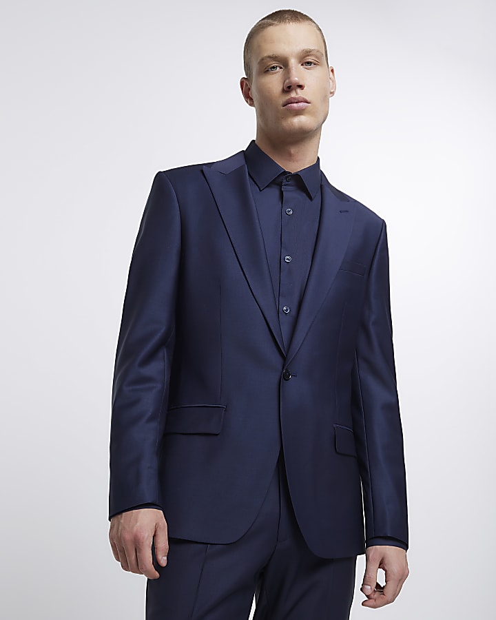 Navy slim fit wool premium suit jacket