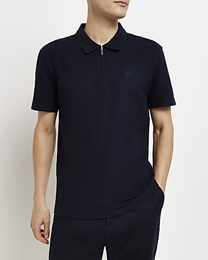 Navy Slim fit zip detail textured Polo shirt