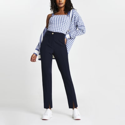 Navy split front cigarette trousers