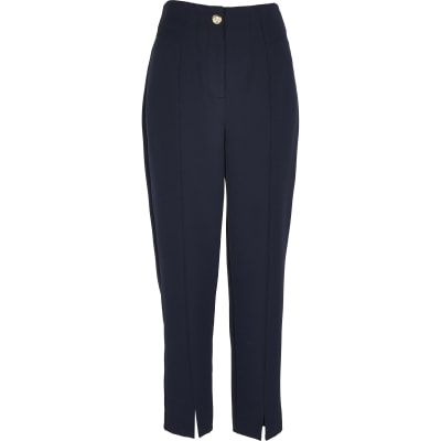 Navy split front cigarette trousers