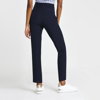 Navy split front cigarette trousers