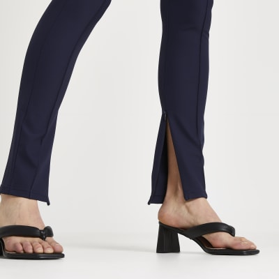 Navy split hem skinny trousers