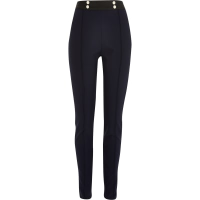 Navy split hem skinny trousers