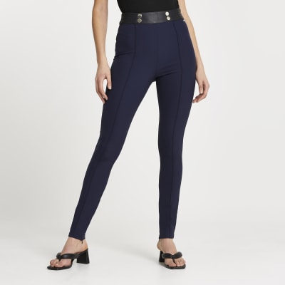 Navy split hem skinny trousers