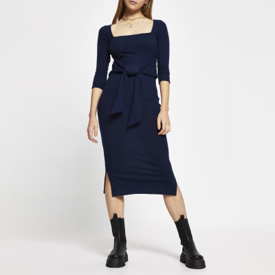 navy square neck dress