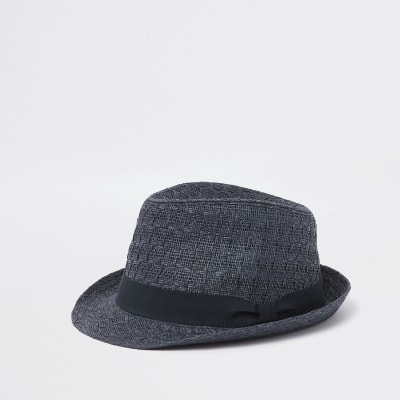 Navy straw trilby hat