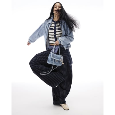 Navy Stripe Deep Pleated Wide Leg Trousers
