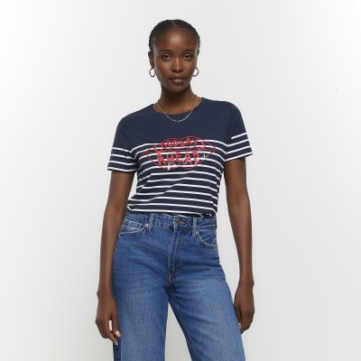 Navy stripe graphic t-shirt | River Island