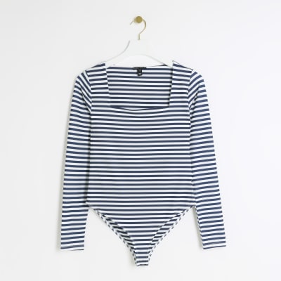 STRIPED KEYHOLE BODYSUIT in Navy & White, VENUS