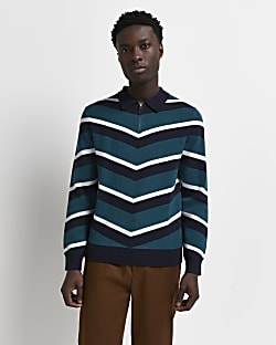 Navy stripe long sleeve knitted polo shirt