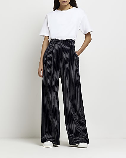 Navy stripe paperbag wide leg trousers
