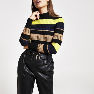 Navy stripe ribbed knit high neck top