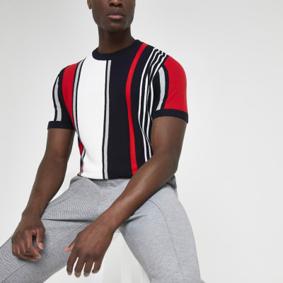 Navy stripe slim fit knitted T-shirt