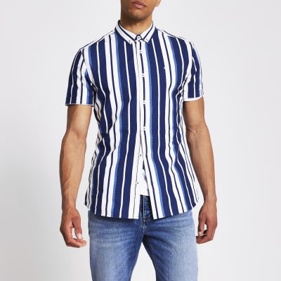 Navy stripe slim fit short sleeve shirt | River Island