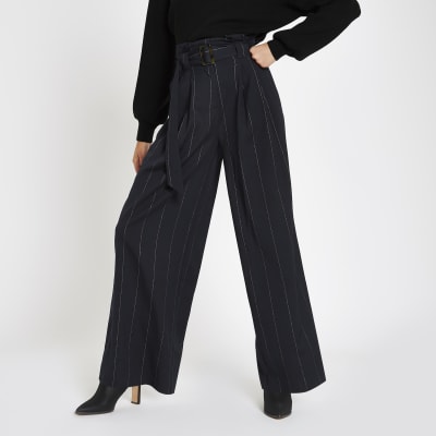 Navy stripe tie waist wide leg trousers