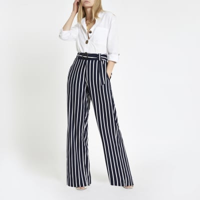 navy striped wide leg pants