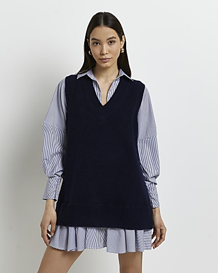 Navy striped knit mini jumper shirt dress