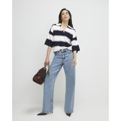 Navy Striped Knitted Polo Shirt