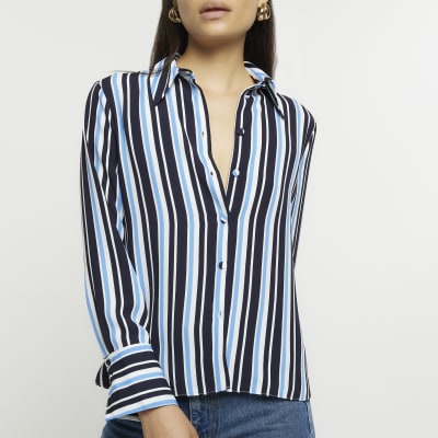 Navy striped satin shirt River Island