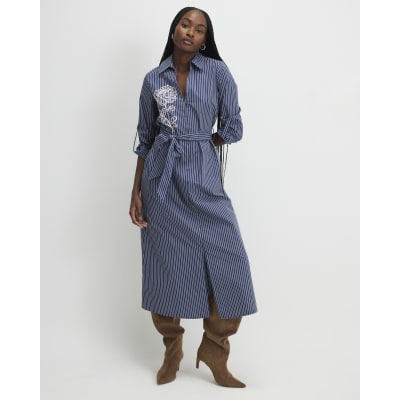 Navy Striped Tie Waist Midi Shirt Dress