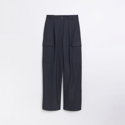 Navy striped wide leg cargo trousers
