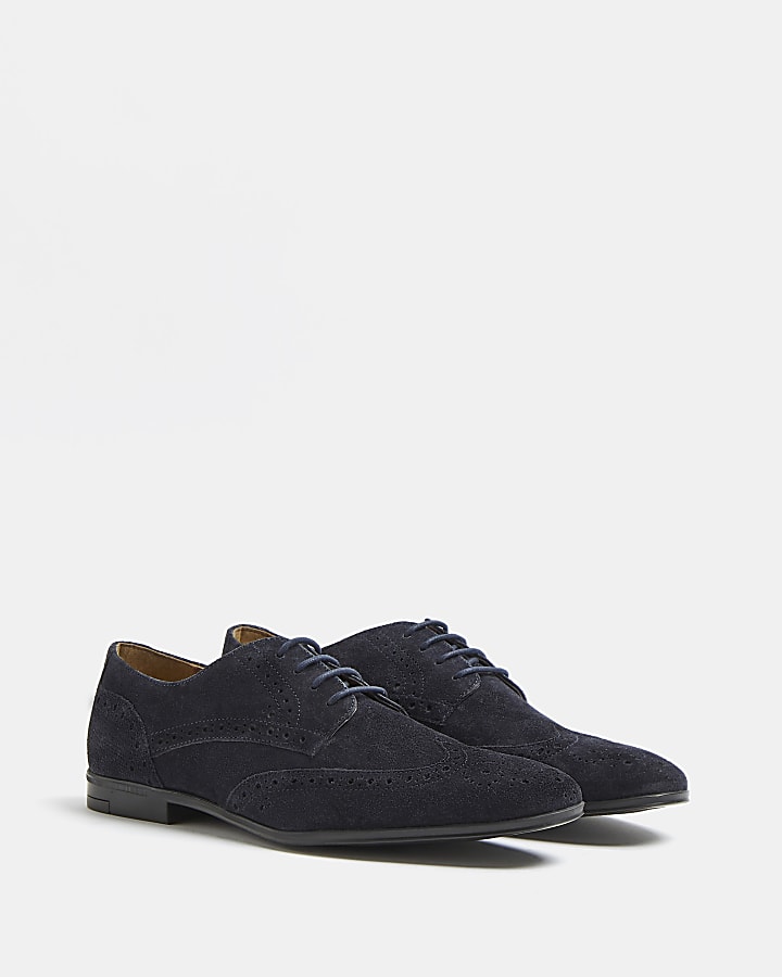 Navy suede lace up brogue derby shoes