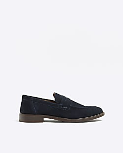Navy suede penny loafers